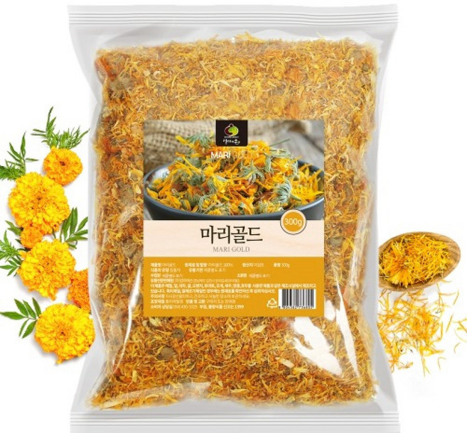 순수 프리미엄 100% 이집트 산 메리골드 꽃잎 차 건조 원물 건재 말린것 차 재료 먹는 법 방법 말린거 잎 황금 노란 마리 매리 골드 골두 꽃 Marigold cha tea, 300g, 1개입, 1개