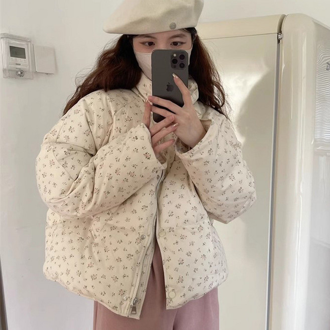 清新碎花立領短版羽絨棉服