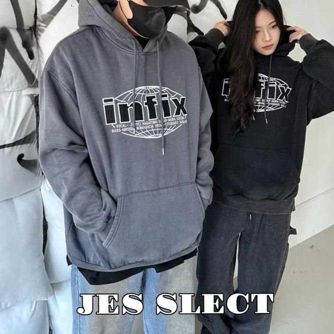 JES SLECT Infix 刺繡地球連帽長T 重磅內刷毛水洗復古長袖帽T 親膚透氣情侶款