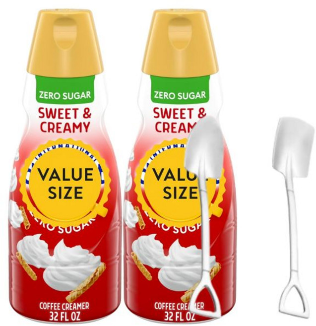 커피 홈카페 액상 캔디 프리저 딜라이트 인터내셔널 제로 슈가 스위트 앤 크리미 크리머 병 32액량 온스 비유제품 (2개 묶음)와 미니 금속 삽 스푼 (제로 크리미), 1