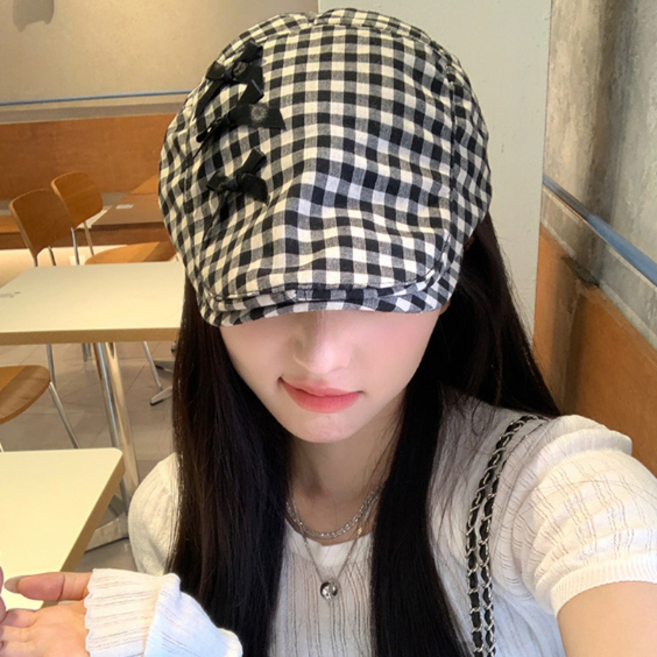 빈티지 체크 여자 베레모 리본 포인트 여성스러운 힙한 모자