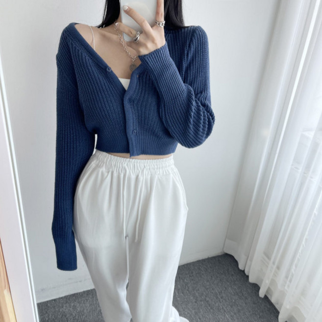 브이넥 루즈핏 세미 크롭 니트 뜨개 짜임 가디건 4컬러