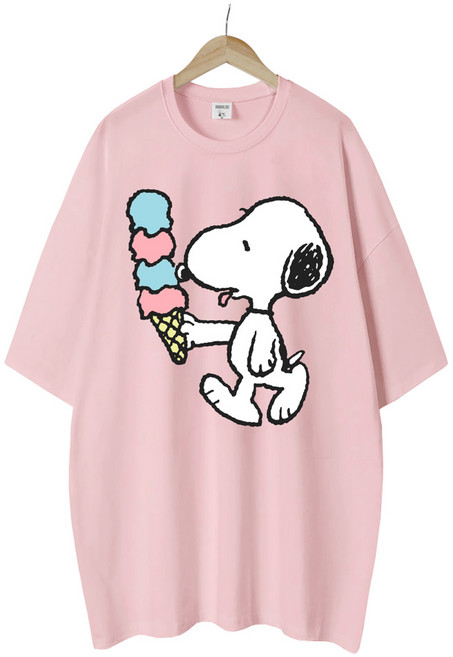 엠제이스타 스누피 여성 아이스크림 반팔 루즈핏 롱 프린팅 캐릭터 티셔츠 오버핏 반팔티