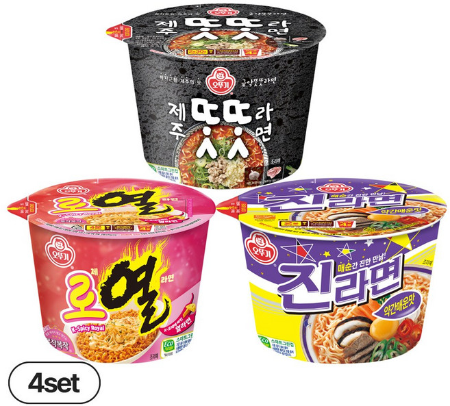 오뚜기 로열라면 용기 100g 4개 + 제주똣똣라면 용기 100g 4개 + 진라면 약간매운맛 용기 110g 4개 (총 12개)