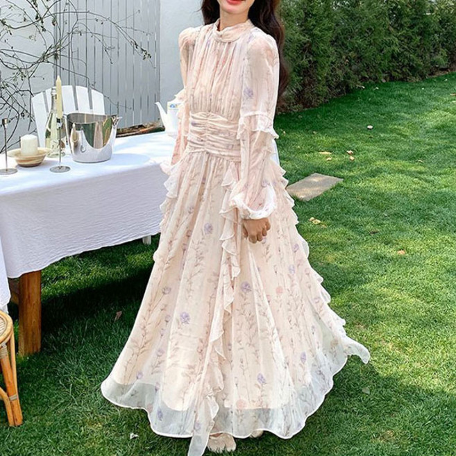 루씨앤 페어링 반폴라 긴팔 시스루 플라워 프릴 플레어 쉬폰 여성롱원피스 여신룩 쉬폰 3019