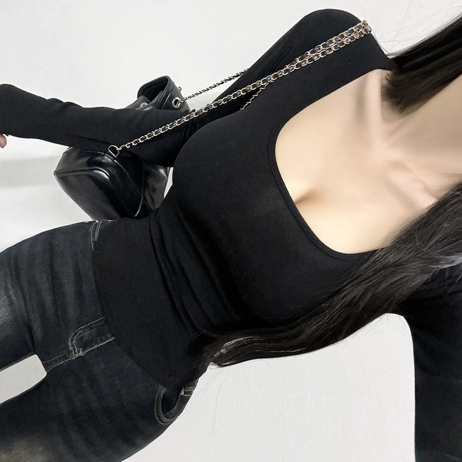 VANANA2 [MADE : KOREA] 목길어보이는 굴림티 쫀득 탄탄한핏 딥스퀘어넥 무지 긴팔