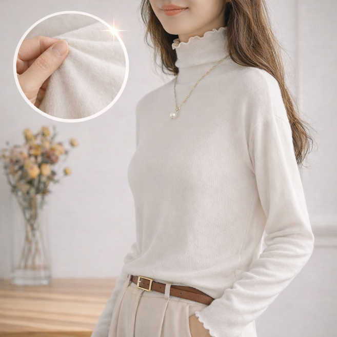 더리진 봄가을용 물결 레이어드티 프릴이너티 긴팔티 반목티 터틀넥 티셔츠 FREE