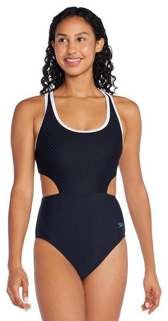 스피도 여성용 레이서백 컷아웃 수영복 자카드 세브르 블루 US10, 14, Jacquard Speedo Black