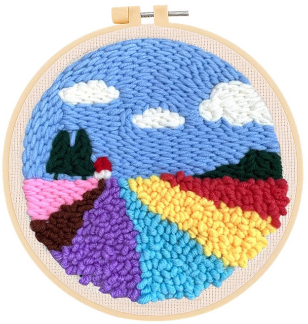 투데이리빙 DIY 펀치 니들 자수 세트 초보자 힐링 취미 뜨개질 만들기 감성 털실 펀칭 공예 십자수 키트 귀여운 원형 소품 액자 프레임, 로맨틱꽃길, 1세트