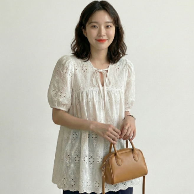 데일로엔 여성 여름 레이스 펀칭 퍼프 반팔 A라인 롱 블라우스