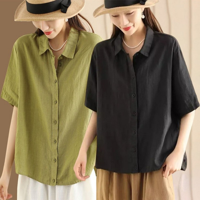 여성셔츠 오버핏 반팔 박스티 면 마 루즈핏 셔츠 자수 날씬해 5부 얇은 블라우스