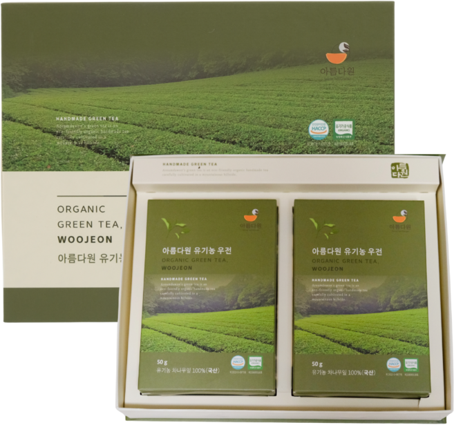 아름다원 유기농 우전녹차 100g 선물세트, 1세트, 2개입, 50g
