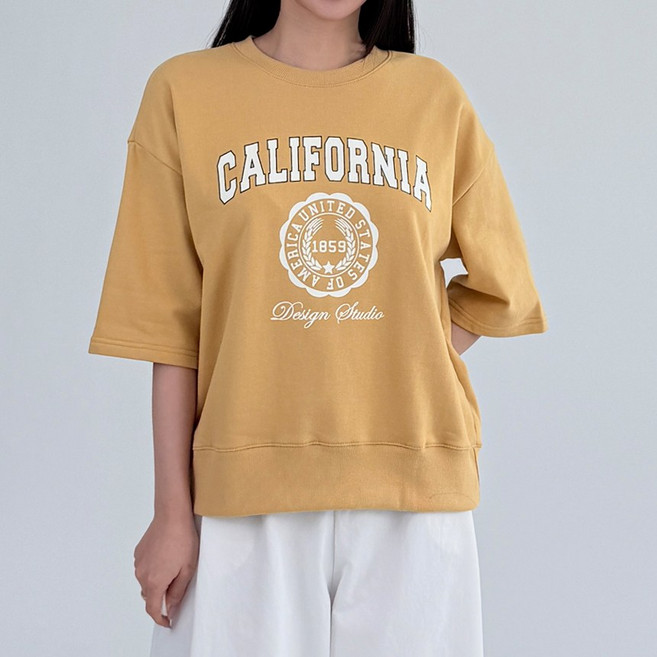 캘리포 루즈핏 캐쥬얼 7부 소매 반팔 맨투맨 티셔츠