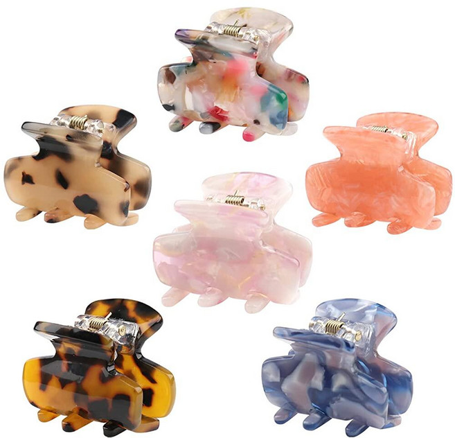 6피스 작은 헤어 클로 클립 3.6cm(1.4인치) 거북이 발톱 클립 여성용 미니 사이즈 레오파드 프린트 아크릴 프렌치 디자인 턱 클립 미끄럼 방지 강력한 고정력 헤어 그립 캐