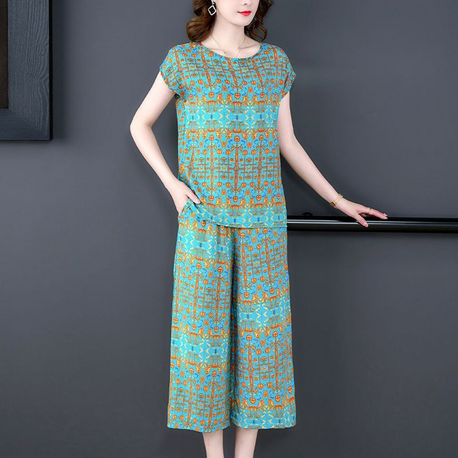 중년 여성 잠옷 세트 여름 할머니 인견 홈웨어 반팔 칠부 바지 투피스 여자 실내복 상하복 CJJ