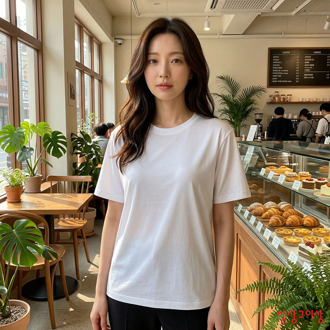 상상그이상 여성용 찰랑 레이온 무지 라운드 반팔 티셔츠