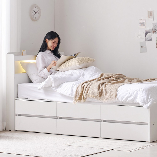 바로방가구 로랑A LED 6서랍 수납침대 프레임 슈퍼싱글침대 SS (안전가드미포함), 화이트