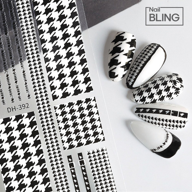 블랙앤화이트 하운드투스 체크 네일스티커, DH-392 스퀘어체크, 1개