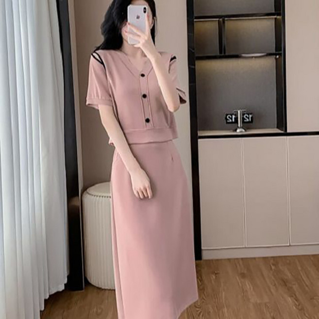 ORZQU 여름 여성 배색 반팔 빅사이즈 블레이저 미디 일자 스커트 투피스