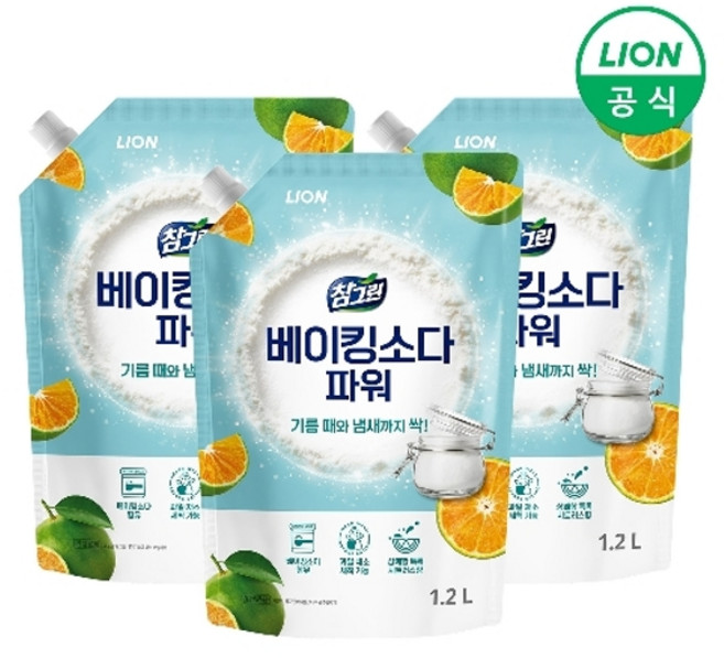 라이온코리아 참그린 베이킹소다 파워 주방세제 리필 시트러스향 1.2L x 3개