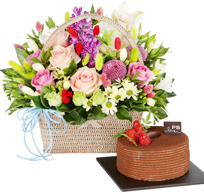 (오늘도착) 99플라워 풍성한 꽃바구니 "사랑 한가득+케익" ST-A1919 - 생일 기념일 결혼기념일 당일꽃배달 전국당일배송 생화