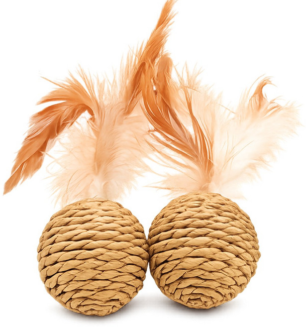 월간리빙 고양이 깃털달린 소리나는 장난감 공, 브라운, 2개