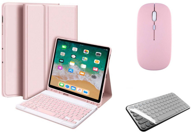 아이패드 호환 에어 프로 미니 1/2/3/4/5/6/7/8/9/10 세대 M2 M4 펜슬 수납 블루투스 키보드 케이스 무선 마우스 세트 iPad Pro Air Mini 케이스나라, 핑크