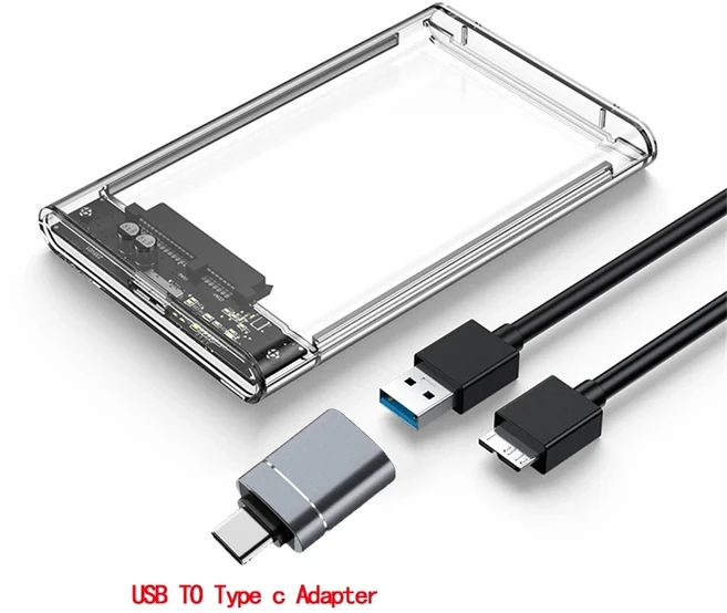 2.5인치 HDD SSD 케이스 USB 3.0 C 투명 인클로저 노트북 SATA 박스 하드 디스크 외장형 드라이브, 02 USB 3.0 with adapter