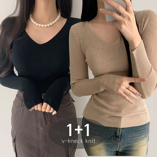 [순이] C.여성 1+1부들 골지 브이넥 슬림 이너니트