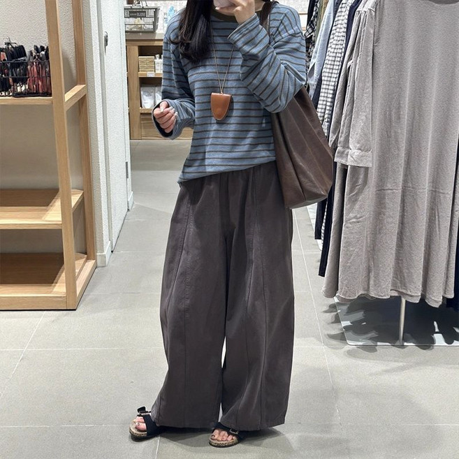 SELEAD 여성 밴딩 배기팬츠 여성면바지 와이드 9부 여자하이웨스트슬랙스