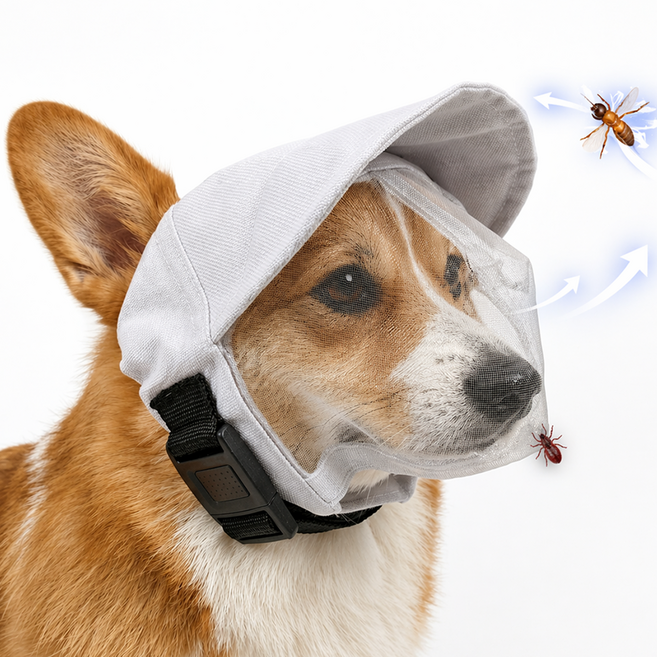 렛츠독 강아지 진드기 해충 방지 벌레 자외선 차단 망사 모자 페이스커버, 1개, 화이트메쉬