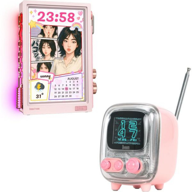 디붐 타임스 프레임 10.1인치 디지털 액자와 티부 2 레트로 블루투스 스피커 FM 라디오 포함 핑크색 세트 236020