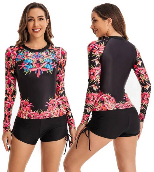 여성용 투피스 래쉬 가드 긴 소매 수영복 반바지 포함 키쁜 태양 자외선 차단 운동 상의, S, 07 121062