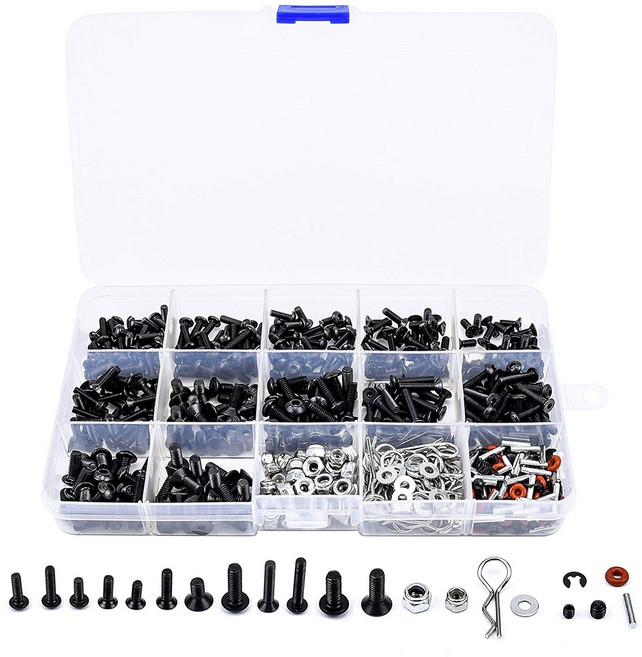 500pcs RC 자동차 나사 키트 M3 M4 Hex Screws Nut Traxxas Arrma 용 쉘 쉘 버클 RC 수리 도구 키트 1/8 -1/16 스케일 RC 자동차, 흑인과 실버