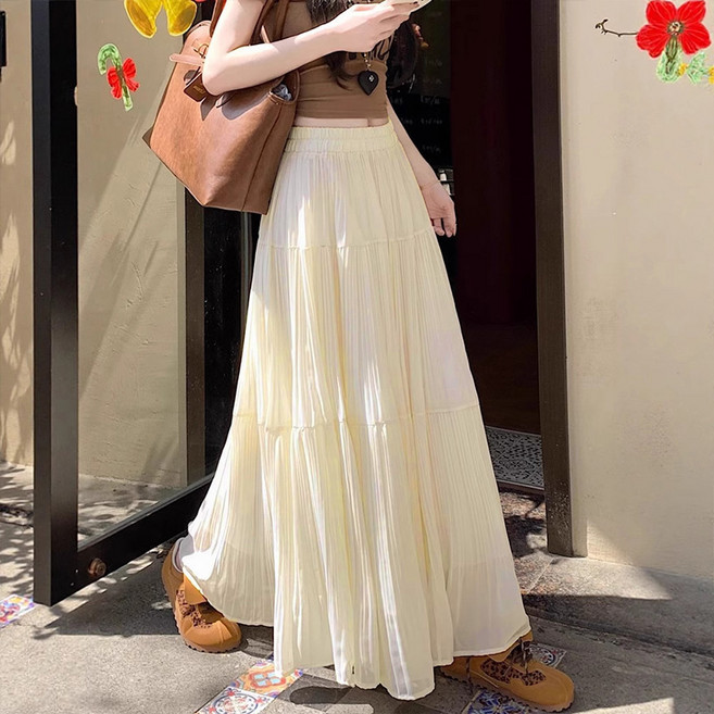 스토리원 WM-SSSK045 여성 파스텔 플리츠 롱 스커트