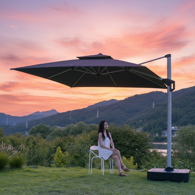 올지 누아브 특대형 사각파라솔 3M 받침대 세트 led 접이식 각도조절 회전, 올지 프리미엄 누아브 파라솔 3M, 브라운 풀세트 (파라솔+받침대+LED)