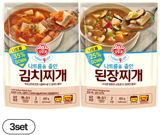 오뚜기 Light&Joy 나트륨을 줄인 김치찌개 450g 3개+된장찌개 450g 3개(총 6개), 6개
