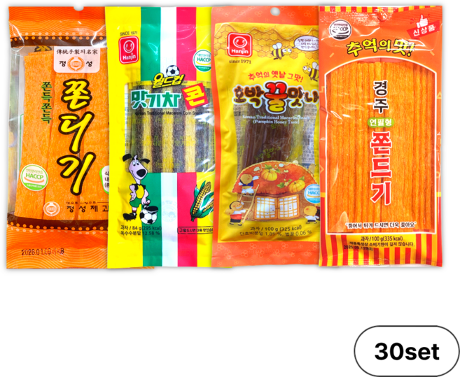 정성 쫀디기95g + 월드컵 맛기차콘84g + 호박꿀맛나100g + 경주 연필형 쫀드기100g / 세트 추억의 쫀드기 문방구 옛날 간식, 30세트, 379g