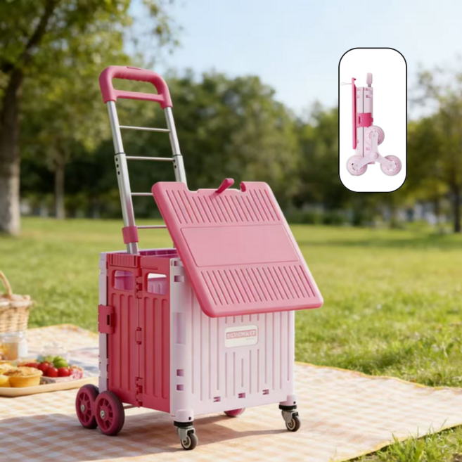 3바퀴 계단 폴딩 쇼핑카트 일체형 슬라이딩 뚜껑 무소음 바퀴 핸드카트 다용도 피크닉 카트, 1개, 핑크