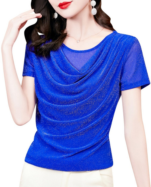여성 글리터 펄 셔링 라인 댄스복 반팔 티셔츠 라틴 재즈 밸리 줌바댄스 스포츠댄스복 상의, 블루