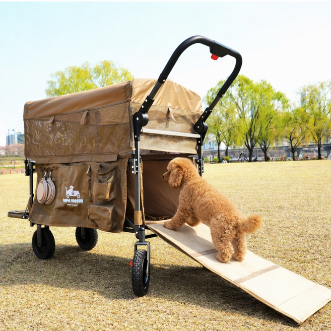 캠프365 파파웨건 특대형 저상형 강아지유모차 개모차 캐노피 노견 대형견 다견용 강아지웨건 브레이크, 1개, 풀세트(캐노피+밥그릇)