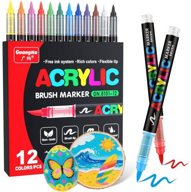 광나 아크릴 페인트 마커 브러시 팁 72가지 생생한 색상과 직액 잉크 컨트롤 시스템 암벽화 캔버스 유리 플라스틱 직물 및 창의적인 공예를 위한 전문가용, 1 Count (Pack of 36), Multicolor