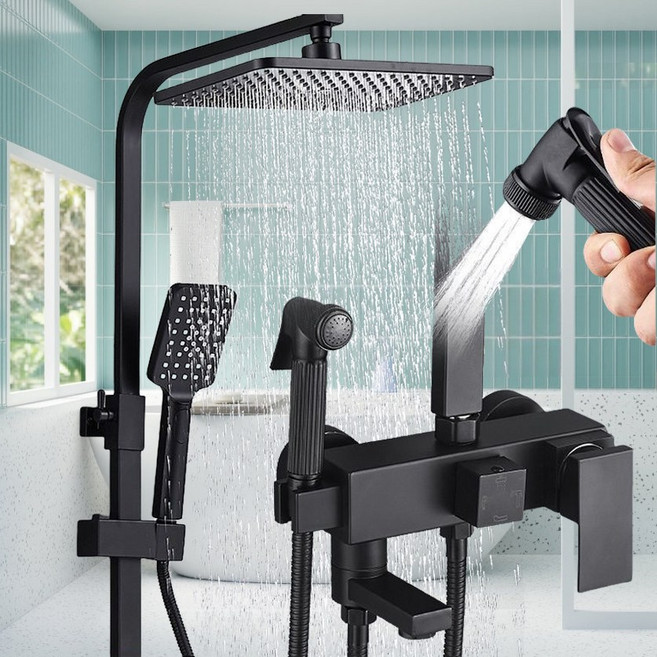 해바라기 샤워기 세트 4단 조절 해바라기수전 샤워기세트 가능 수납 가능한 선반 샤워봉세트, 블랙, 1개