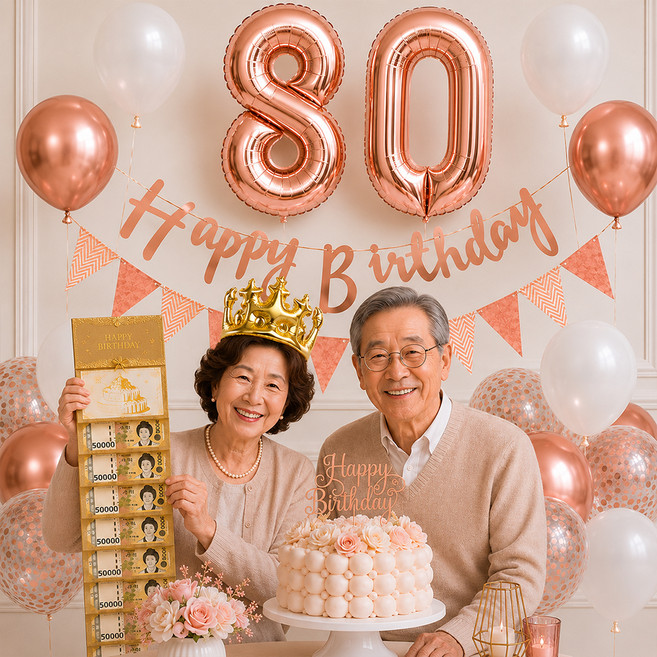 이벤트홀릭 팔순 파티용품 세트 80 숫자풍선 생일 가랜드 용돈카드 옵션, 1개, 06. 로즈골드(풀세트)