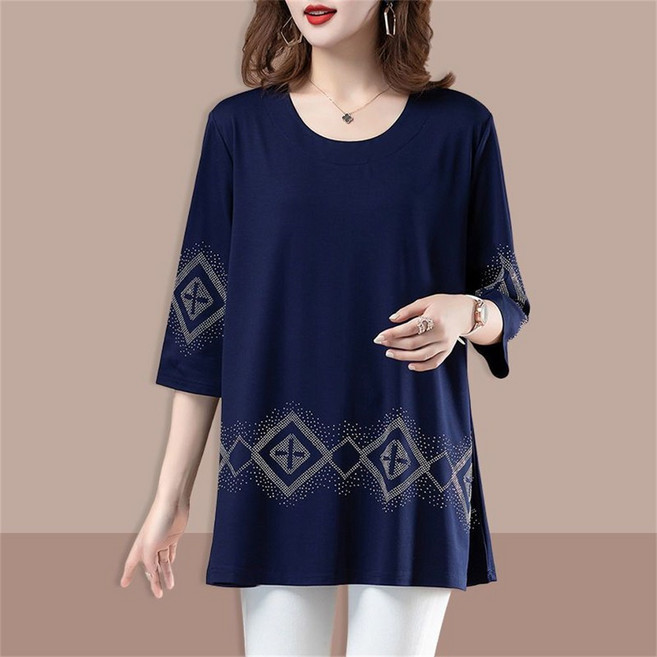 Vezri 중년여성 루즈핏 라운드넥 7부 소매 기하학 무늬 빅사이즈 반팔티