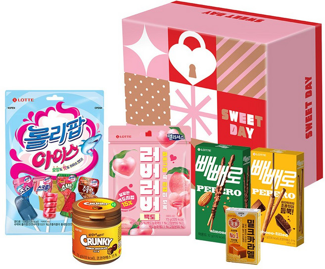 달콤선물세트 6종 크런키볼 초코필드빼빼로 롤리팝 밀크카라멜 아몬드빼뺴로 구미젤리 러버러버 백도, 1세트, 408g