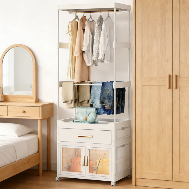 iSOJI 튼튼한 행거 이동식 수납 옷정리 서랍형 옷걸이 정리함 스탠드 행거, 1서랍+1수납장