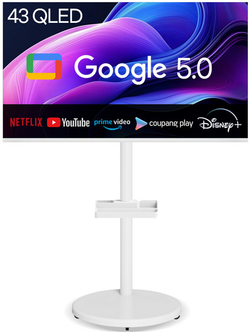 티브이지 43인치 UHD QLED 구글 스마트TV + 무빙스탠드 세트 삼텐바이미 이동식TV 삼탠바이미, 고객직접설치, 스탠드형, 43UHD QLED 화이트