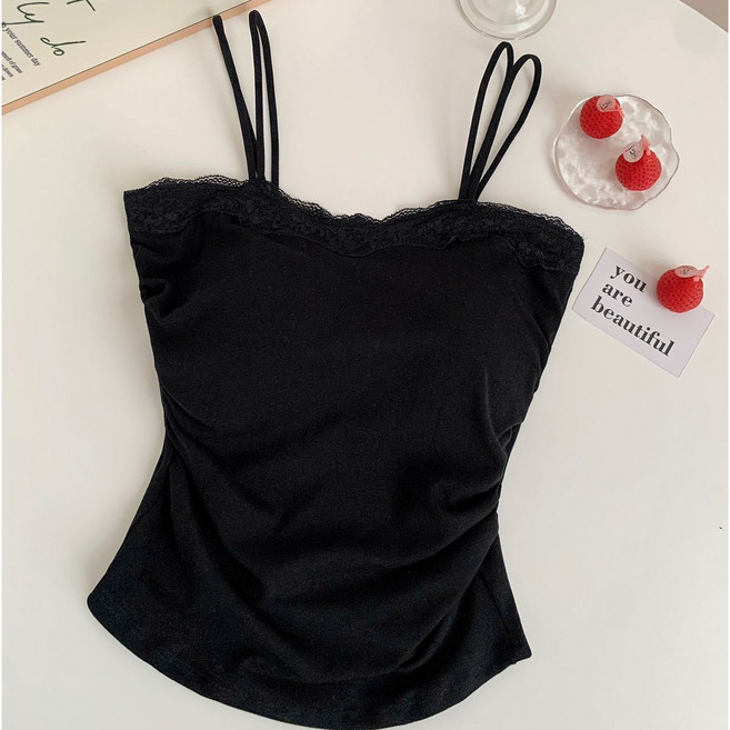 젬버트 여성 레이어드 이너 레이스 셔링 캡내장 순면 끈나시 브라탑