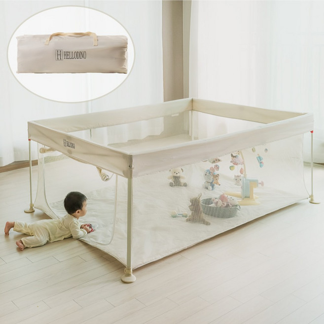 헬로디노 원터치 사각 베이비룸 휴대용 아기 울타리 안전가드 볼풀장, 대형, 1개, 베이지